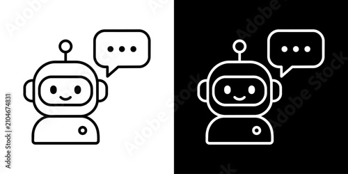 Obraz na płótnie チャットボットを表すロボットと吹き出しの白黒線画アイコンセット