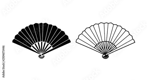 Vector illustration of set of folding fans, black silhouette and outline icon on a transparent background