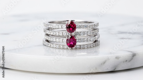 Stacking ring with diamonds and two red rubies