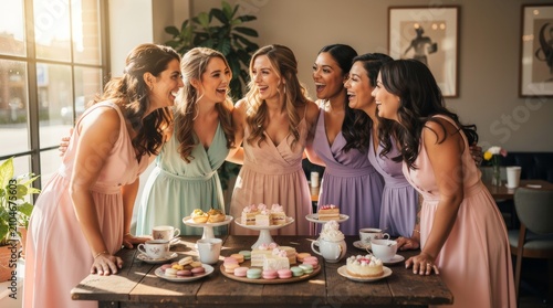 Women Enjoying a Joyful Tea Party Celebration with Cakes and Pastries
