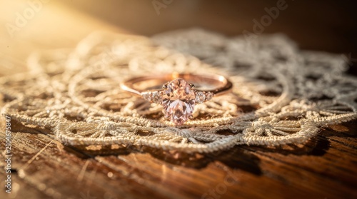 Exquisite Diamond Engagement Ring on Delicate Lace Texture