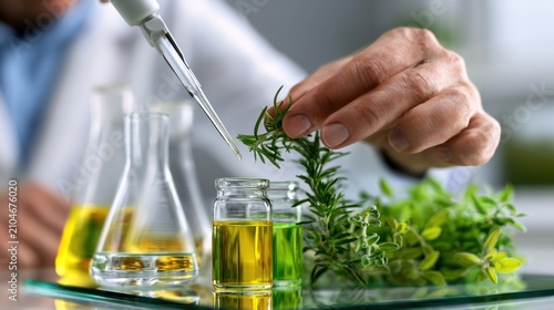 Scientist conducting herbal extract research by applying liquid with a dropper onto fresh green leaves in a laboratory setting with glass containers of oils and herb