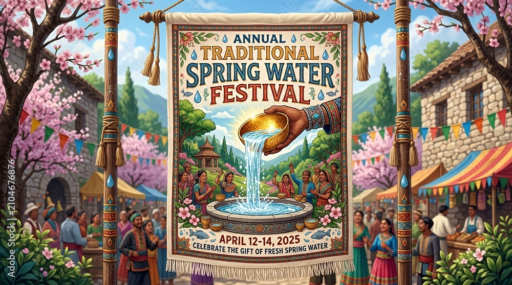 Fototapeta premium Traditional spring water festival banner featuring a hand holding a golden bowl pouring water background