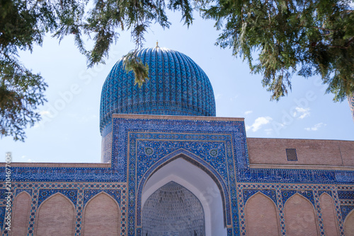 Blue Tiled Dome and Ornate Facade of Historic Mosque in Samarkand