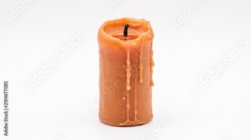 Extinguished Orange Candle: A single, unlit orange candle with a black wick stands upright, its wax melted and dripping down the sides, creating an artistic, textured surface.