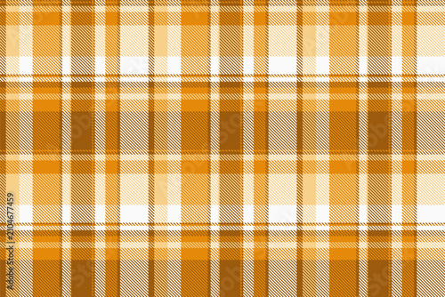 A traditional tartan plaid pattern with a balanced check structure and orange and white tones. The seamless textile background recreates a woven fabric look with a natural decorative character.