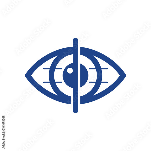 фотографія Blue stylized eye icon with vertical line dividing iris, symbol for vision, insi