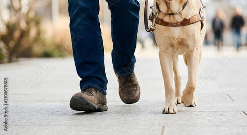 A person walking with a service dog on a city sidewalk