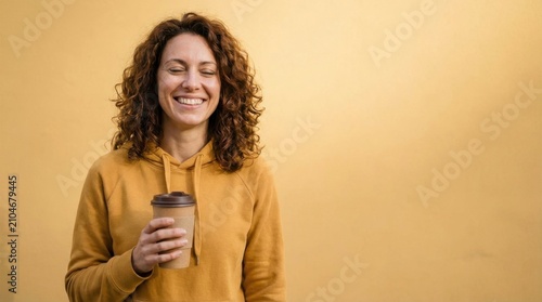 Happy woman with curly hair holding coffee cup, smiling with closed eyes, yellow background.