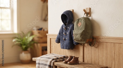 A child's warm outfit, including a blue hooded coat and brown boots, hangs on a hook next to a backpack in a cozy entryway. A soft plaid blanket is draped over a wooden bench.