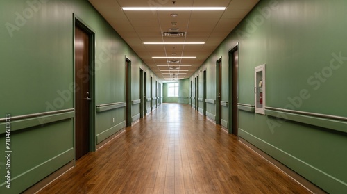 Spacious vacant corridor featuring vibrant green walls and a polished wooden floor in a contemporary architectural space