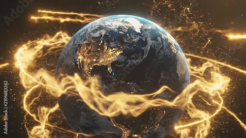 A glowing digital representation of the planet earth surrounded by abstract golden light energy streams