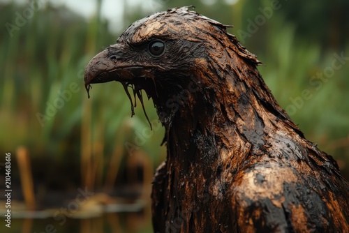 Oil-covered bird in wetlands, a symbol of environmental pollution's impact