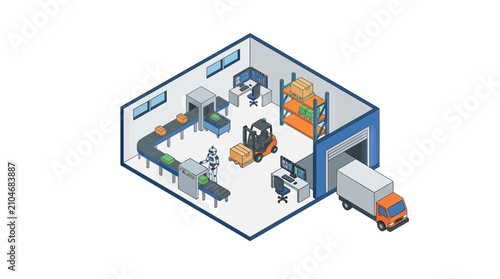 Isometric Automated Warehouse with Robotics Forklift and Delivery Truck
