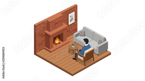 Isometric 3D illustration of man relaxing by cozy fireplace