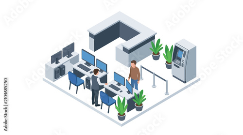 Isometric View of a Modern Bank Branch Interior Design