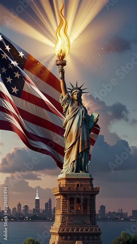 Majestic Statue of Liberty with blazing golden torch and dynamically waving American flag in dramatic 3D CGI cinematic render, ideal for patriotic freedom and national pride concepts