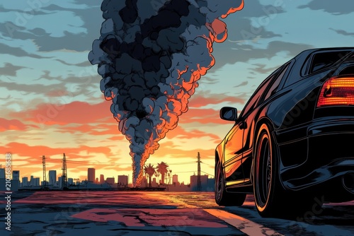 Cartoon car exhaust smoke against urban sunset cityscape