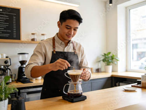 Barista pouring latte art carefully