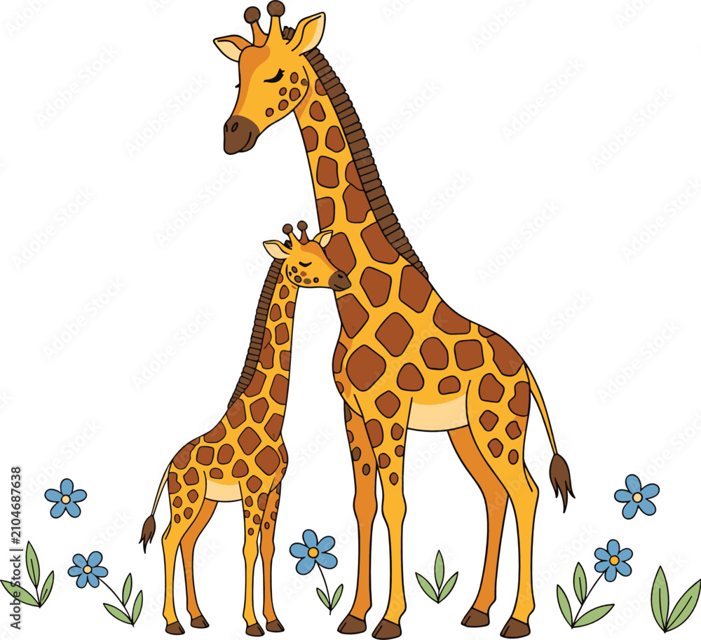 Obraz premium Adorable cartoon giraffe mother and baby calf illustration nuzzling affectionately amidst small blue flowers and leaves isolated on a white background