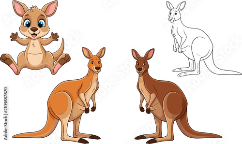 Billede på lærred Cute cartoon kangaroo character set including a happy baby joey standing adult m