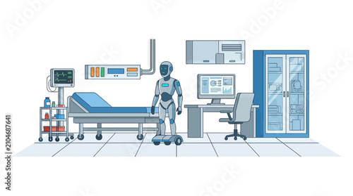 Futuristic Humanoid Robot Assistant in a Modern Medical Hospital Room