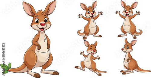 Fotografie Cute cartoon kangaroo character set showing various happy expressions poses and