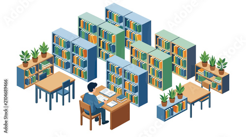 Tableau sur toile Isometric illustration of a man studying in a modern library