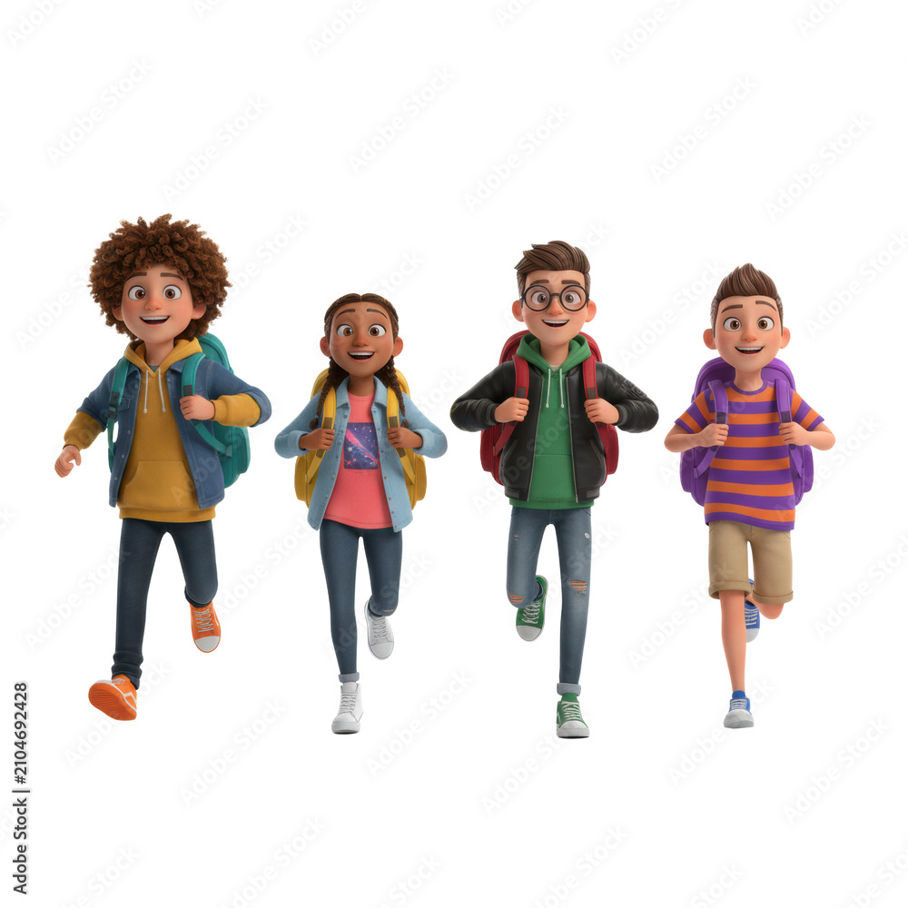 Obraz premium Four diverse cartoon teenagers in colorful modern clothing and backpacks running energetically against a solid white studio background, back-to-school enthusiasm