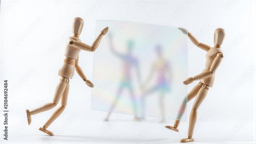 Fototapeta premium Two wooden figures hold a reflective, iridescent panel against a plain white background.
