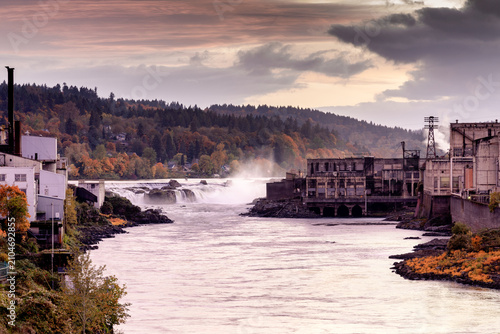 Sunset over Willamette Falls in Oregon City in autumn