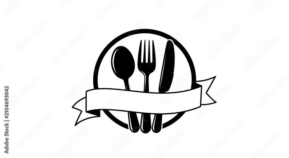 Naklejka premium Restaurant Emblem with Cutlery and Blank Ribbon Banner