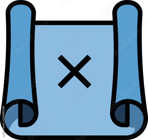 Blue Treasure Map Scroll Illustration with X Mark, Flat Vector Icon for Adventure Games, Navigation, and Quest Design, Scalable Graphic Resource for Web and Print