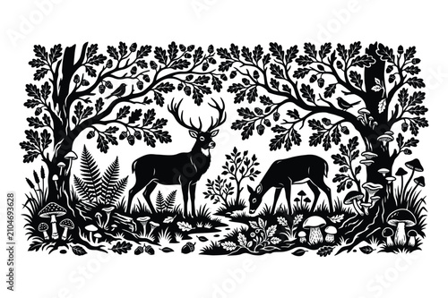 Deer family in forest woodland scene silhouette illustration with woodland, wildlife