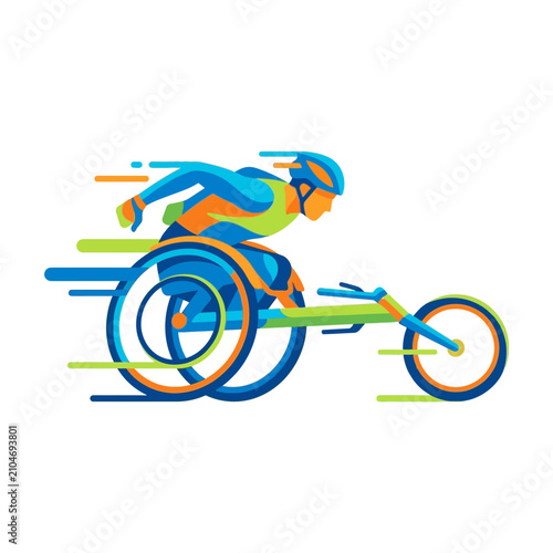 Dynamic Wheelchair Racing Athlete Graphic, Para-Sports Vector for Inclusive Marketing and Fitness Campaigns, Vibrant Action Concept, Flexible Layout