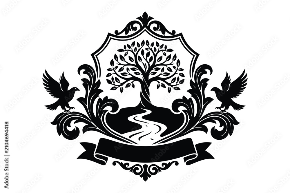 Fototapeta premium Vintage heraldic shield with tree of life river and birds emblem heraldry filigree