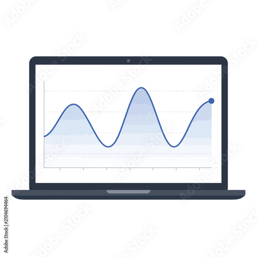 Fotografía Laptop displaying a fluctuating blue line graph with rising trend, business anal