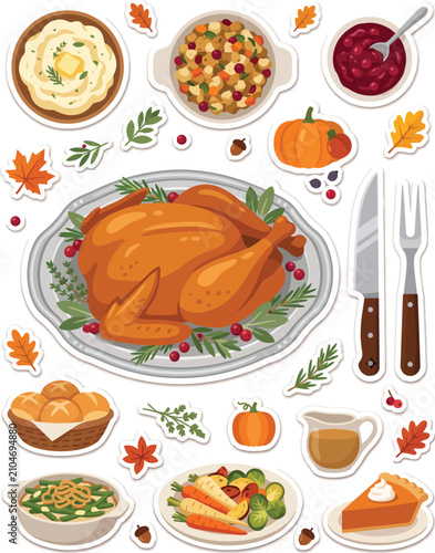 Set of hand drawn Thanksgiving dinner food elements stickers