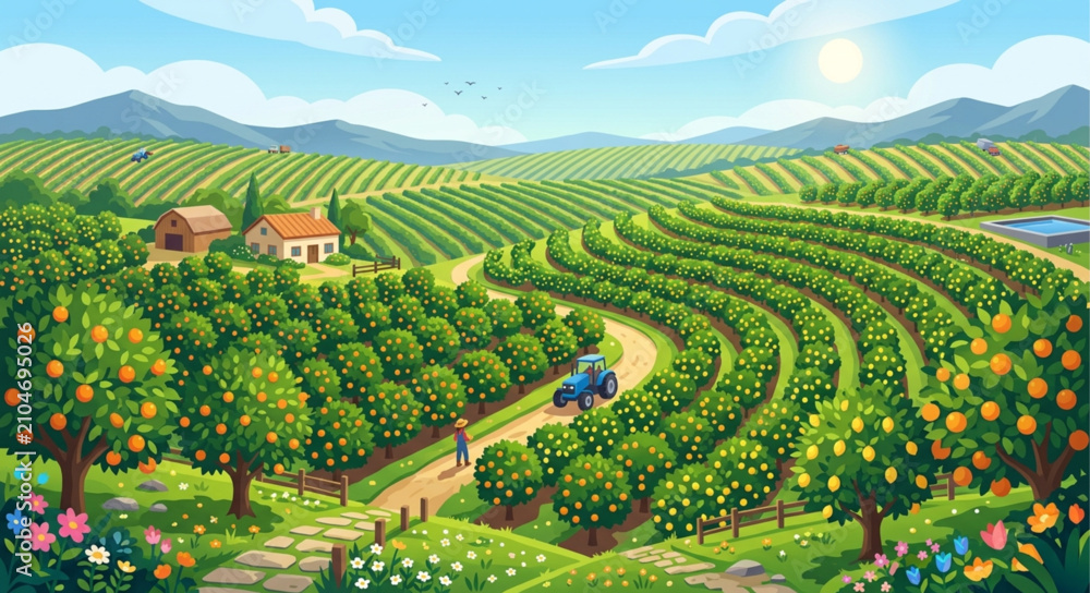 Obraz premium Lush agricultural landscape with orange orchard and vineyard, scenic farm valley with tractor and farmhouse, rural countryside vector illustration