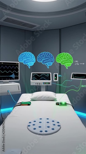 Detailed 3D CGI high-tech sleep study laboratory at night with empty medical bed equipped with EEG sensors electrode array and glowing blue green holographic brains connected to advanced monitoring 