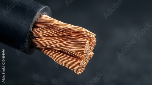 Detailed close-up of stranded copper conductor wires stripped from black insulation for electrical power and industry