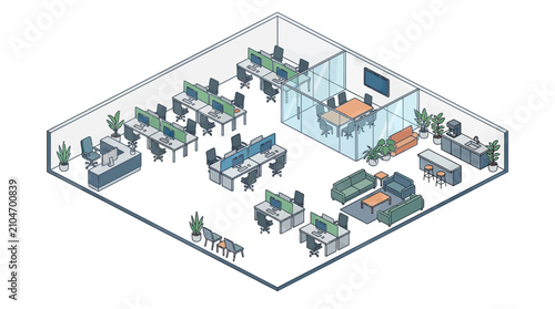 Bild auf Leinwand Isometric illustration of a modern open-plan office interior