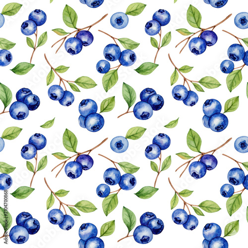 Seamless repeating pattern of plump blueberries with green leaves and thin stems, watercolor illustration on a transparent background, fresh botanical atmosphere