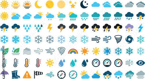 Weather and Climate Flat Icons Collection Featuring Sun Cloud Rain Snow Storm Wind Temperature Forecast and Meteorology Vector Set