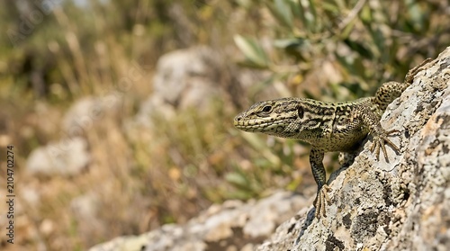 Small patterned lizard resting on a grey rock in the sun