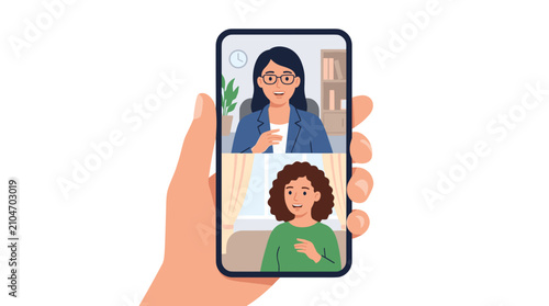 Hand holding smartphone showing two women in a video call discussing business matters online