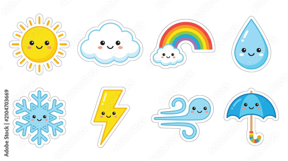 Fototapeta premium Cute Weather Icons Featuring Sun, Cloud, Rainbow, Raindrop, Snowflake, Lightning, Wind, and Umbrella.