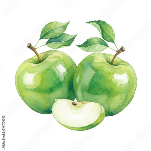 Two vibrant green apples with a crisp slice and lush leaves in a watercolor style, featuring translucent pigment washes on a transparent background, fresh vibe