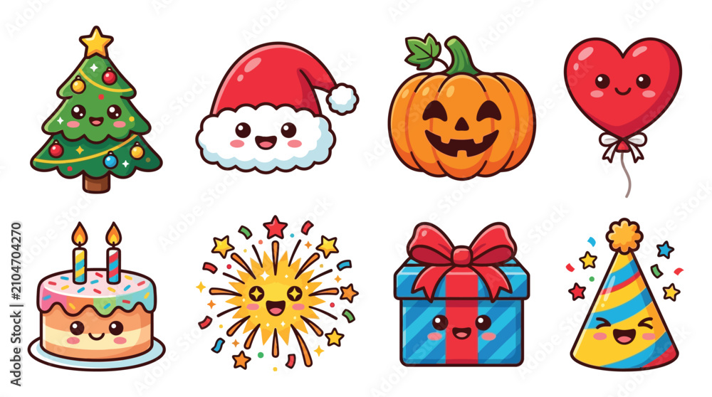 Fototapeta premium Set of cute kawaii holiday and celebration icons with smiling faces for festive designs.