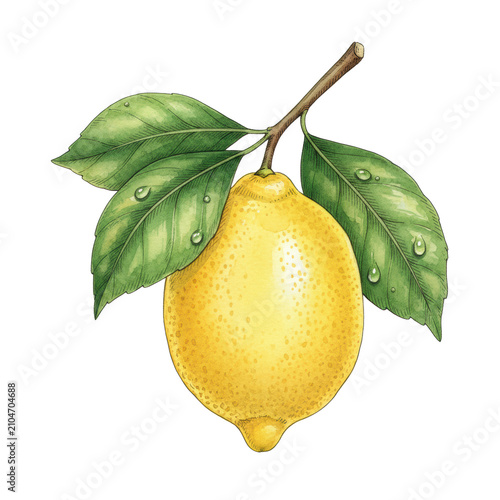 Vibrant yellow lemon with dimpled skin attached to a leafy branch in a botanical watercolor style on a white background concept of organic vitality